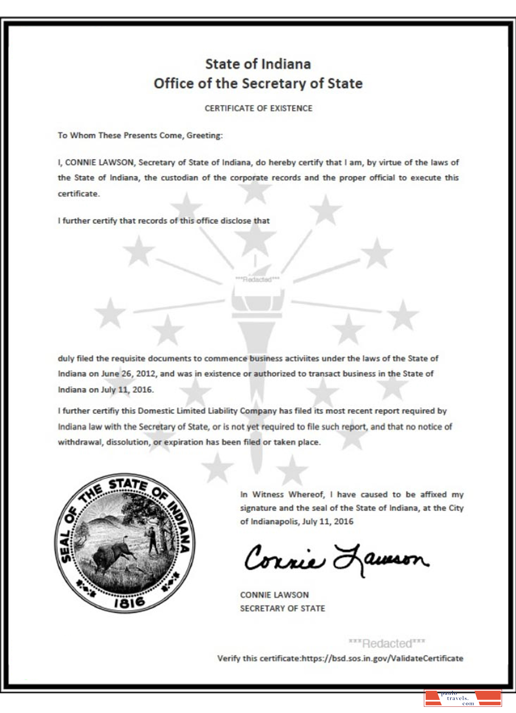 USA Indiana certificate of good standing